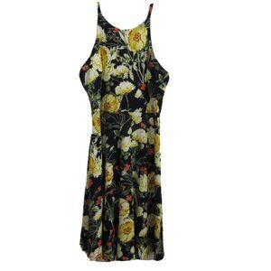 MaiTai Dress Sz Large Black Floral Spaghetti Straps Casual Fitted Waist Pullover